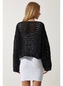 Happiness İstanbul Women's Black Perforated Tie Seasonal Knitwear Cardigan