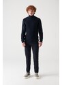 Avva Men's Navy Blue Full Turtleneck Front Textured Cotton Standard Fit Regular Cut Knitwear Sweater