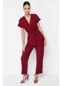 Trendyol Claret Red Lacing Detailed Double Breasted Collar Pipe Leg Woven Jumpsuit