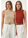 Happiness İstanbul Women's Tile Cream Turtleneck Sleeveless 2 Pack Knitted Blouse