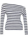 Trendyol Curve Navy Blue Striped Premium Soft Fabric Fitted Boat Neck Flexible Knitted Blouse