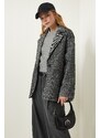 Happiness İstanbul Gray Premium Herringbone Oversize Blazer Jacket