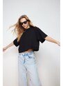 Trendyol Black 100% Cotton Cut Detailed Relaxed Crop Knitted T-Shirt