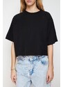 Trendyol Black 100% Cotton Cut Detailed Relaxed Crop Knitted T-Shirt