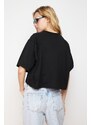 Trendyol Black 100% Cotton Cut Detailed Relaxed Crop Knitted T-Shirt