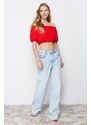 Trendyol Red Carmen Collar Gossamer Crop Knitted Blouse