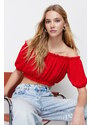 Trendyol Red Carmen Collar Gossamer Crop Knitted Blouse