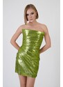 Carmen Pistachio Green Strapless Striped Lacquered Shiny Evening Dress