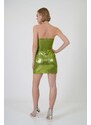 Carmen Pistachio Green Strapless Striped Lacquered Shiny Evening Dress