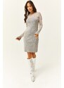 Olalook Women's Gray Transparent Tulle Detailed Mini Knitwear Dress