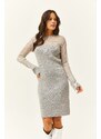 Olalook Women's Gray Transparent Tulle Detailed Mini Knitwear Dress