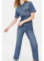 Trendyol Blue Short Sleeve Denim Jumpsuit