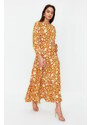 Trendyol Mustard Small Flower Printed Ruffle Detail Belted Woven Dress