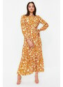 Trendyol Mustard Small Flower Printed Ruffle Detail Belted Woven Dress