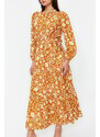 Trendyol Mustard Small Flower Printed Ruffle Detail Belted Woven Dress