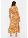 Trendyol Mustard Small Flower Printed Ruffle Detail Belted Woven Dress
