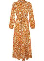 Trendyol Mustard Small Flower Printed Ruffle Detail Belted Woven Dress