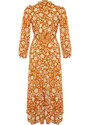 Trendyol Mustard Small Flower Printed Ruffle Detail Belted Woven Dress