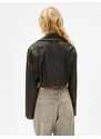 Koton Crop Faux Leather Jacket Vintage Look Reverse Double Breasted Collar Long Sleeve