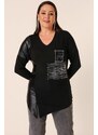 By Saygı V Neck Leather Garnish Stone Printed Skirt Asymmetric Plus Size Strawberry Blouse