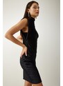 Happiness İstanbul Women's Black High Collar Stylish Velvet Dress