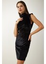 Happiness İstanbul Women's Black High Collar Stylish Velvet Dress