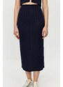 Trendyol Navy Blue Ribbed Button Detailed Stretchy Midi Skirt Knitted Bottom-Top Set
