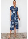 Trendyol Navy Blue Printed Polo Collar A-line/Bell Form Wrap/Textured Knitted Midi Dress