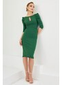 Carmen Emerald Crepe Pearl Embroidered Midi Evening Dress