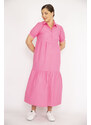 Şans Women's Plus Size Pink Poplin Fabric Front Buttoned Dress