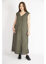 Şans Women's Khaki Plus Size Lace Detailed V Neck Linen Dress with Side Slit