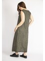 Şans Women's Khaki Plus Size Lace Detailed V Neck Linen Dress with Side Slit