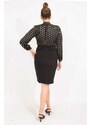 Şans Women's Plus Size Black Polka Dot Patterned Dress with a Belt