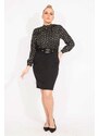 Şans Women's Plus Size Black Polka Dot Patterned Dress with a Belt
