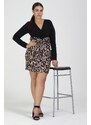 Şans Women's Plus Size Black Wrapped Neck Waist And Leopard Detail Long Sleeve Dress