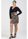 Şans Women's Plus Size Black Wrapped Neck Waist And Leopard Detail Long Sleeve Dress
