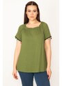 Şans Women's Plus Size Khaki Madonna Collar Sleeve Detailed Blouse