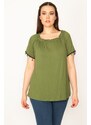 Şans Women's Plus Size Khaki Madonna Collar Sleeve Detailed Blouse