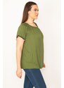 Şans Women's Plus Size Khaki Madonna Collar Sleeve Detailed Blouse