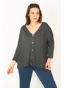 Şans Women's Plus Size Smoked Colored Cardigan with Front Buttons, V-neck