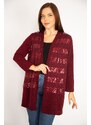 Şans Women's Plus Size Claret Red Sequin Detailed Cardigan