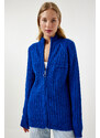 Happiness İstanbul Women's Dark Blue Zippered Knitwear Cardigan