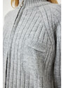 Happiness İstanbul Women's Gray Zippered Knitwear Cardigan