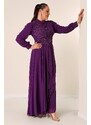 By Saygı Beaded Embroidered Lined Plus Size Long Chiffon Dress with Flounce on the Front