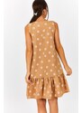 armonika Women's Beige Daisy Pattern Sleeveless Skirt with Frills Dress