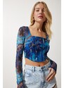 Happiness İstanbul Women's Blue Patterned Crop Chiffon Blouse