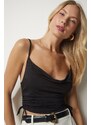 Happiness İstanbul Women's Black Strappy Gathered Detail Sandy Crop Blouse