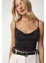 Happiness İstanbul Women's Black Strappy Gathered Detail Sandy Crop Blouse