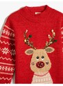 Koton New Year's Sweater Deer Patterned Crew Neck Sequin Detailed