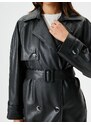 Koton Faux Leather Trench Coat Belted Buttoned Double Breasted